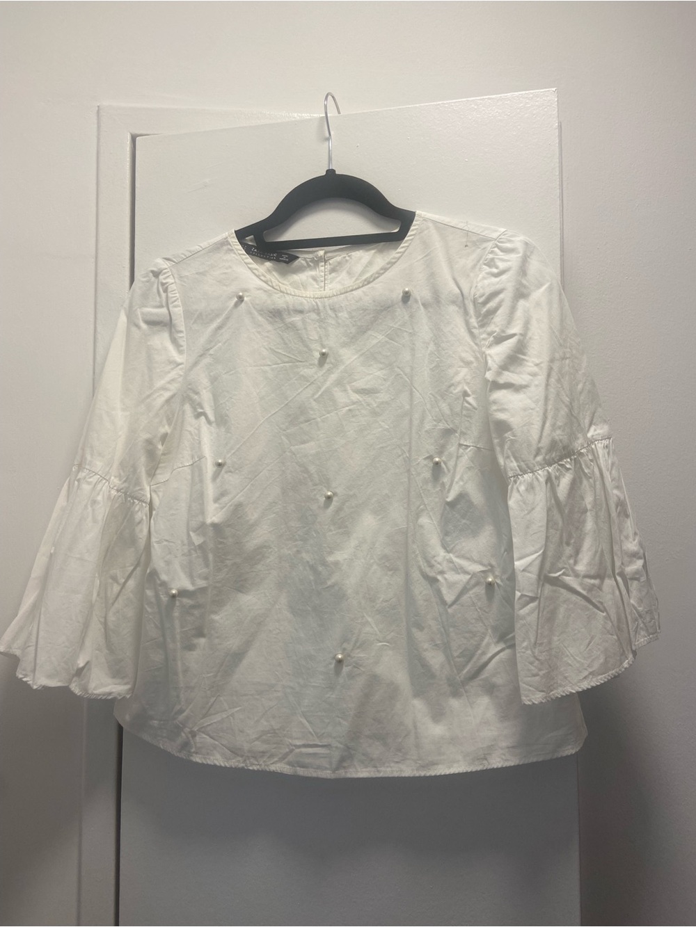 Zara Pearl-Embellished White Bell-Sleeve Top